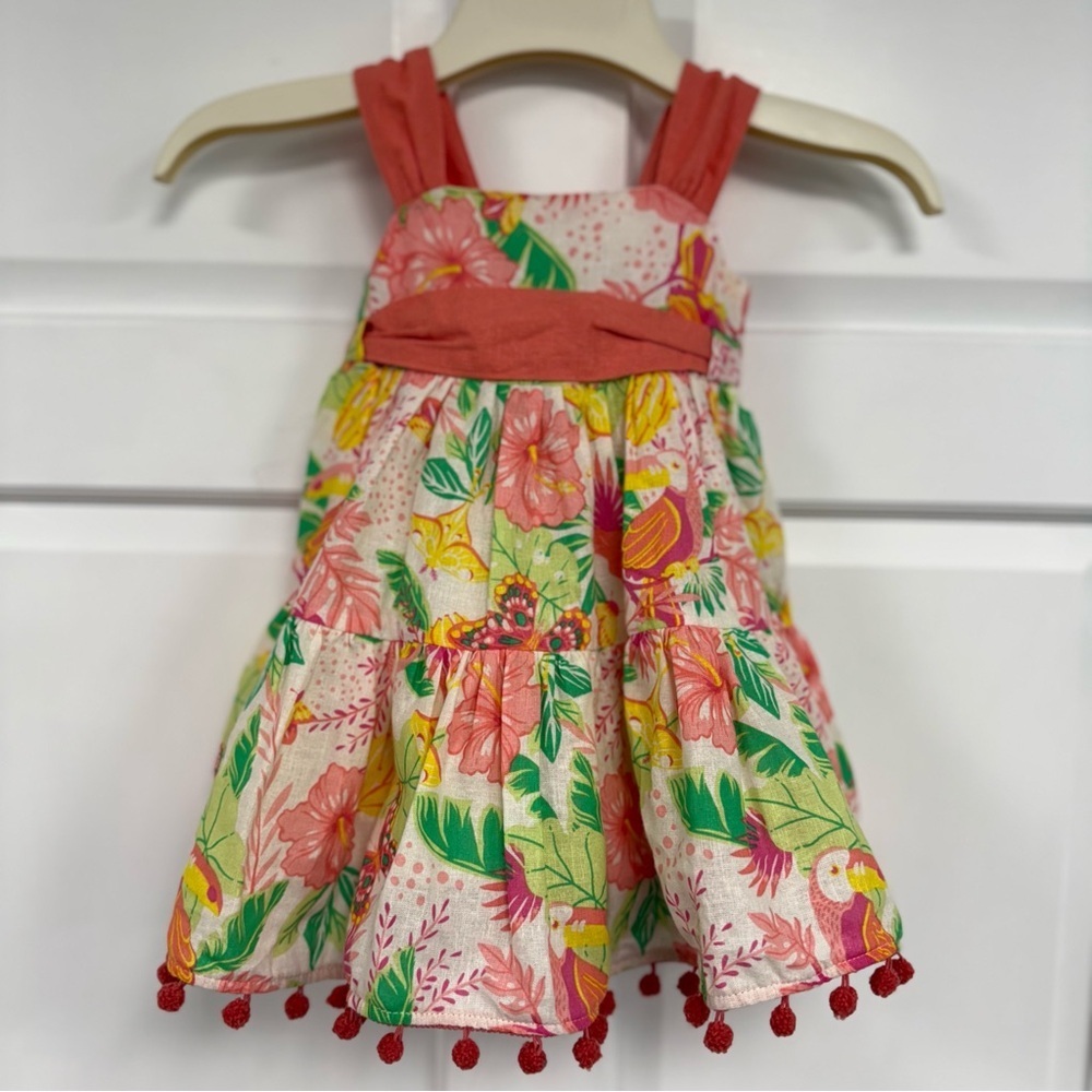 NWT Tommy Bahama Linen Blend Sun Dress Girls 18m Tropical Flowers Bird Butterfly